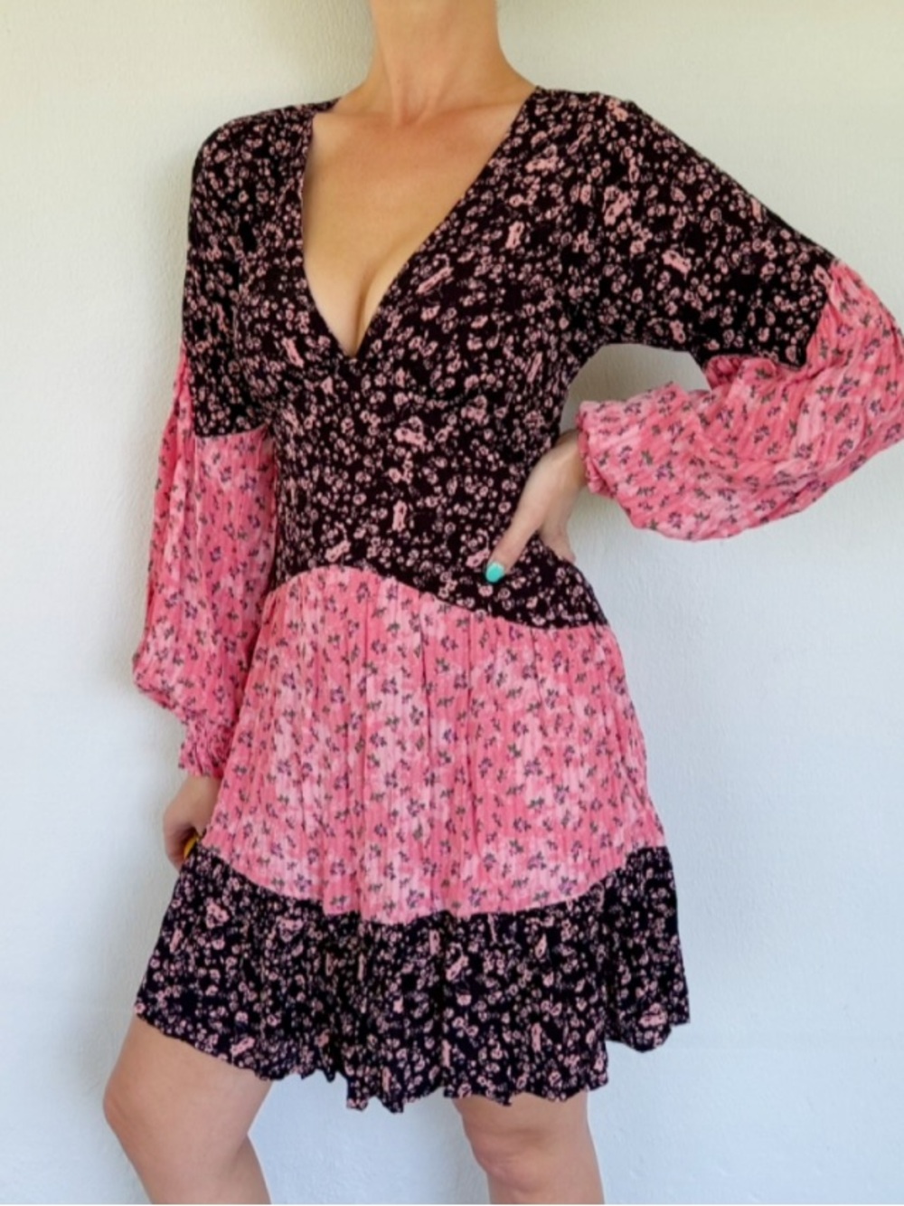TopShop pink floral v-neck backless balloon sleeve mini dress size 4